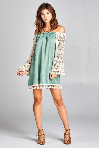 Marbella Off The Shoulder Crochet Sleeves Dress-Green