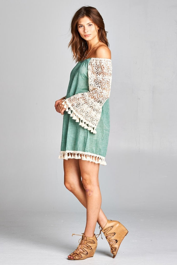 Marbella Off The Shoulder Crochet Sleeves Dress-Green