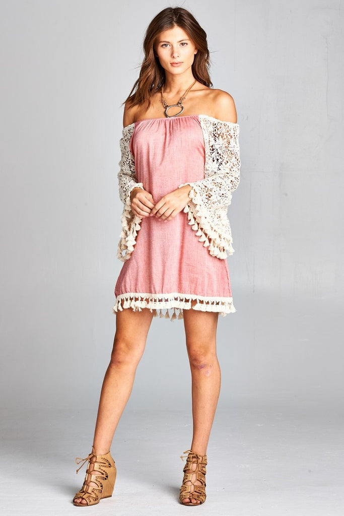 MARBELLA OFF THE SHOULDER CROCHET SLEEVES DRESS-DUSTY PINK