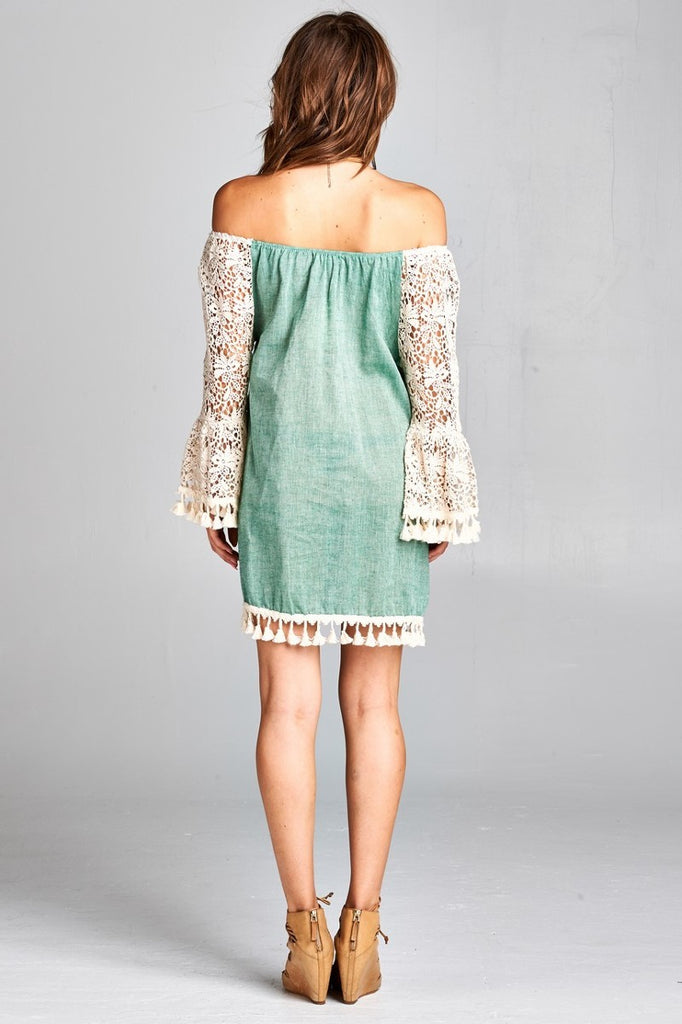 Marbella Off The Shoulder Crochet Sleeves Dress-Green