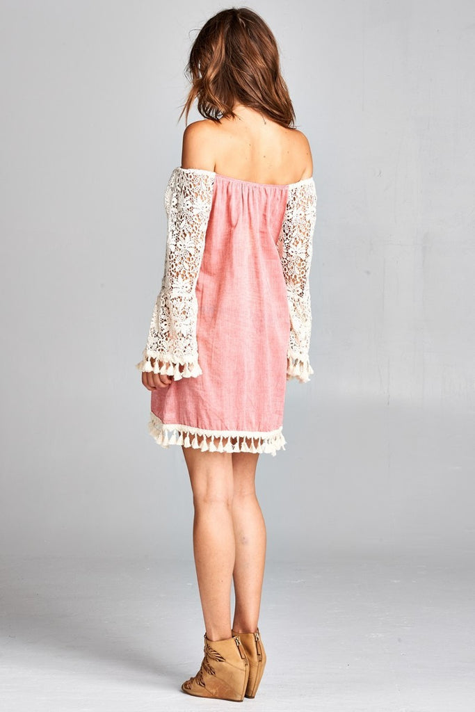 MARBELLA OFF THE SHOULDER CROCHET SLEEVES DRESS-DUSTY PINK