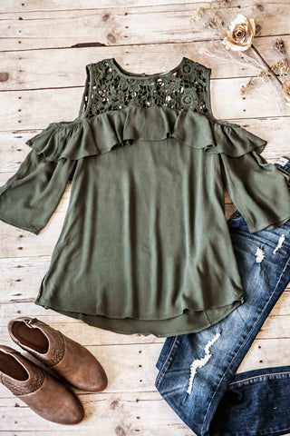 Cold Shoulder Crochet Details Top-Olive