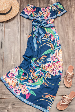 Tropical Floral Print Maxi Dress-Blue