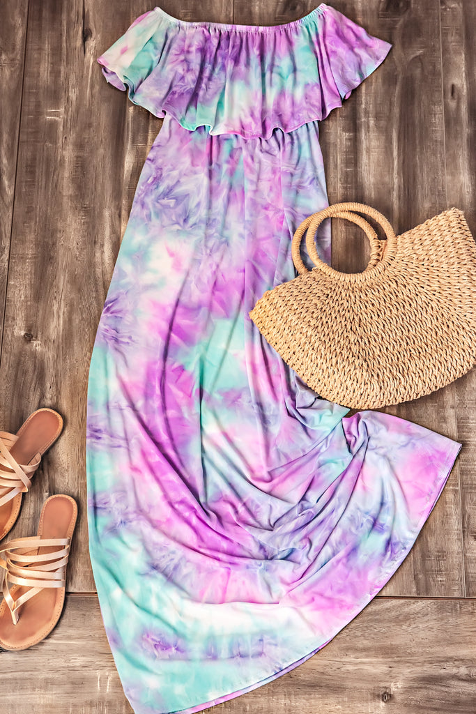 Tie Dye Off Shoulder Summer Maxi Dress