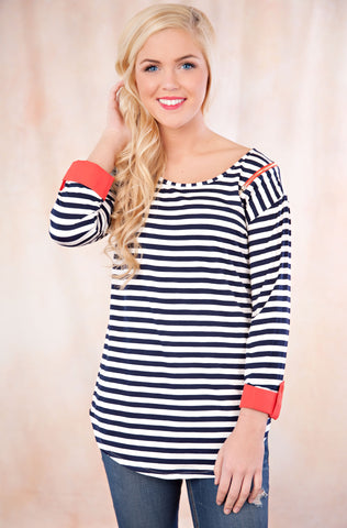Beauty Editor Striped Top- Navy/Coral