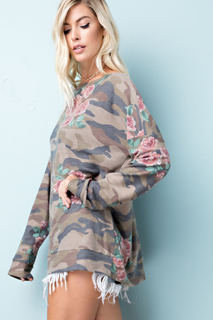 Camo and Floral Print Top