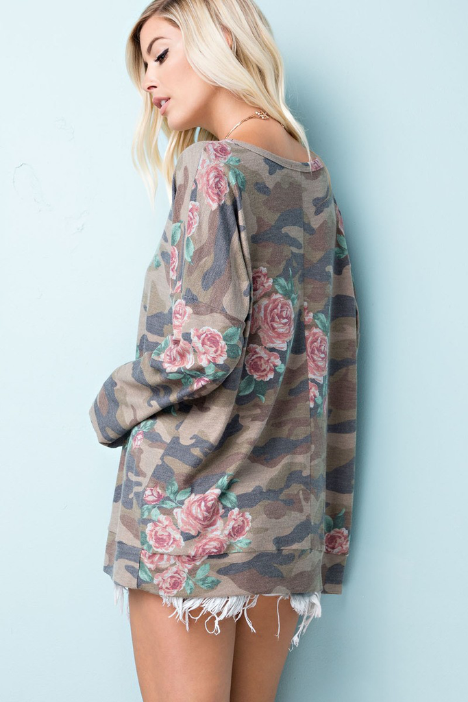 Camo and Floral Print Top