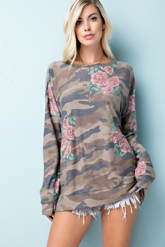 Camo and Floral Print Top