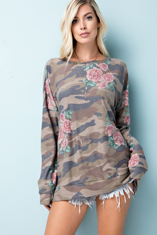 Camo and Floral Print Top