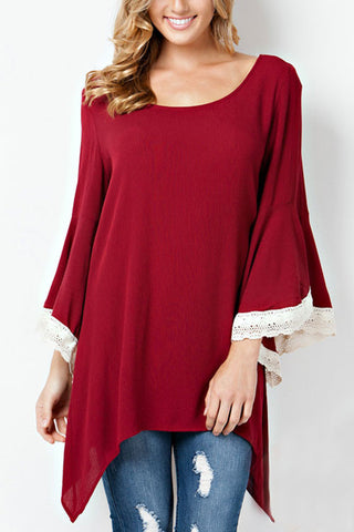 Carolyn Crochet Lace Sleeves Top-Maroon
