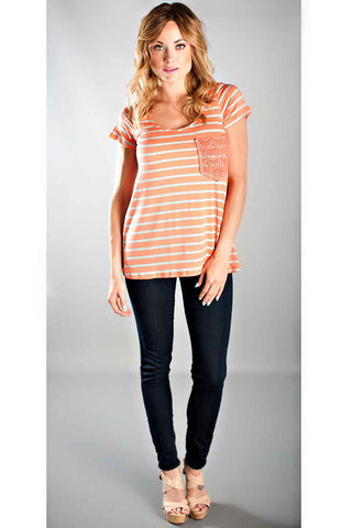 Crochet Lace Pocket Striped Top- Apricot