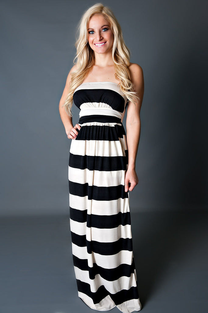 Crossing Paths Striped Maxi Dress-Black