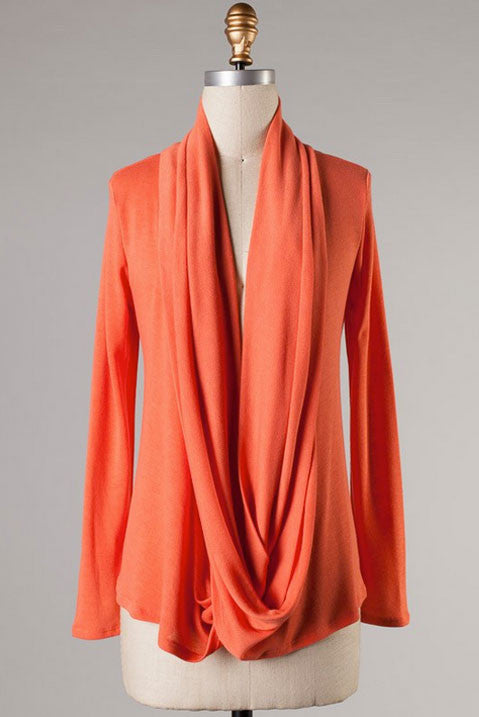 Long Sleeve Drapey Wrap Top-Orange