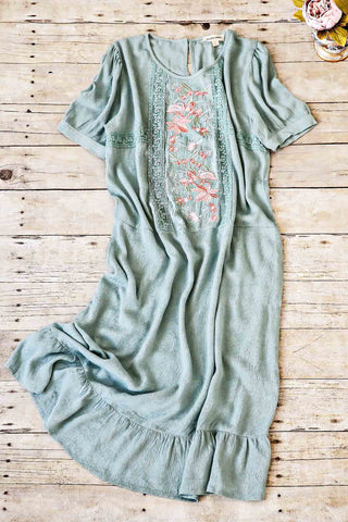 Embroidered Short Sleeve Dress-Sage