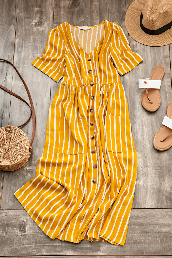 Nina Striped Midi Dress-Mustard
