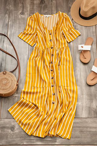 Nina Striped Midi Dress-Mustard