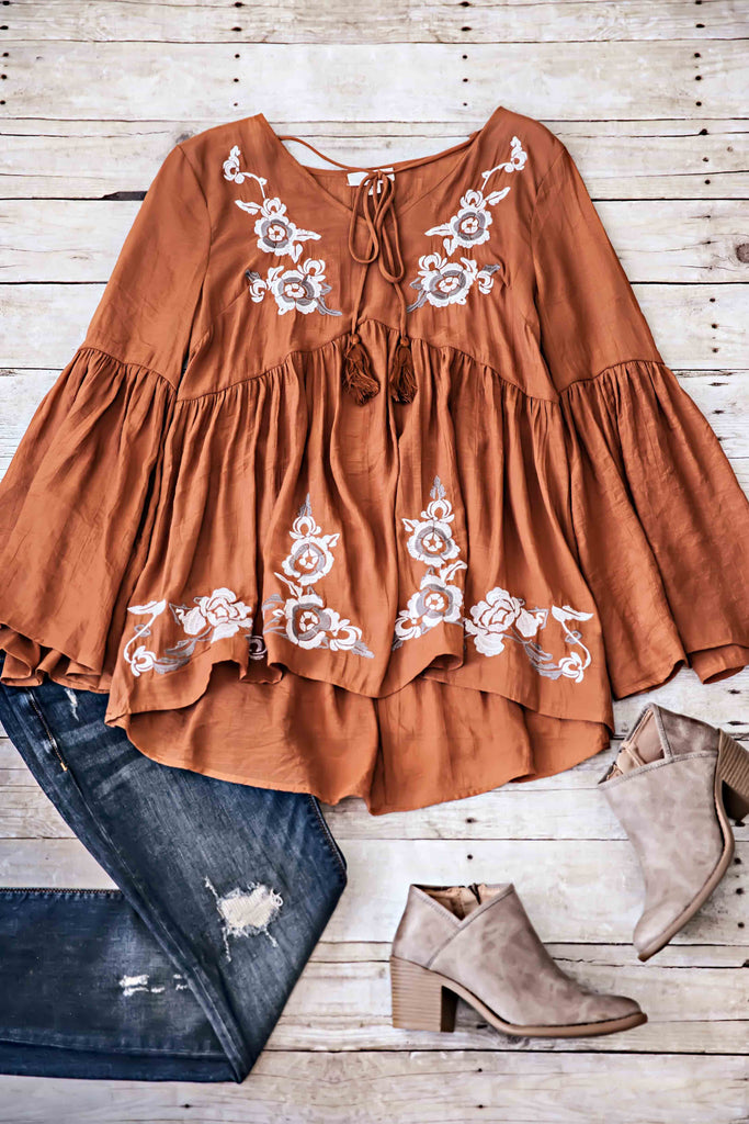 Sydneys Embroidered Top-Camel