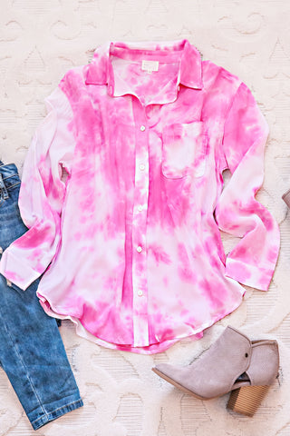 Tie Dye Button Down Top-Pink