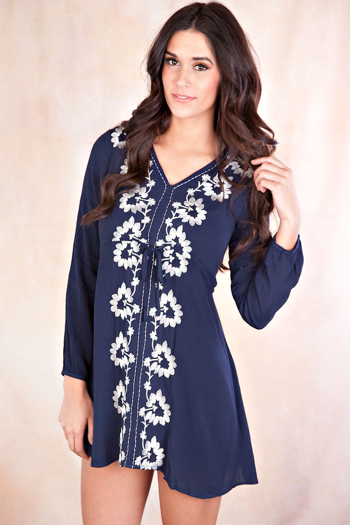 Floral Embroidered Dress-Navy