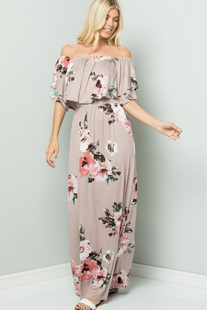 Floral Off The Shoulder Maxi Dress-Mauve