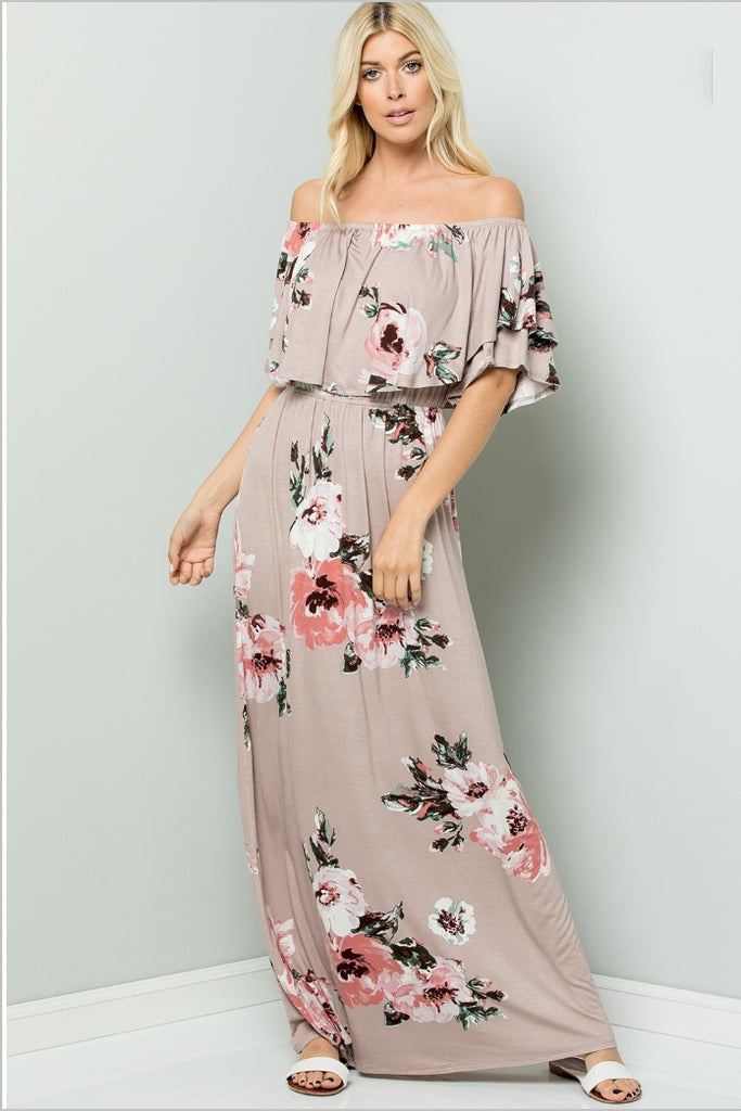 Floral Off The Shoulder Maxi Dress-Mauve