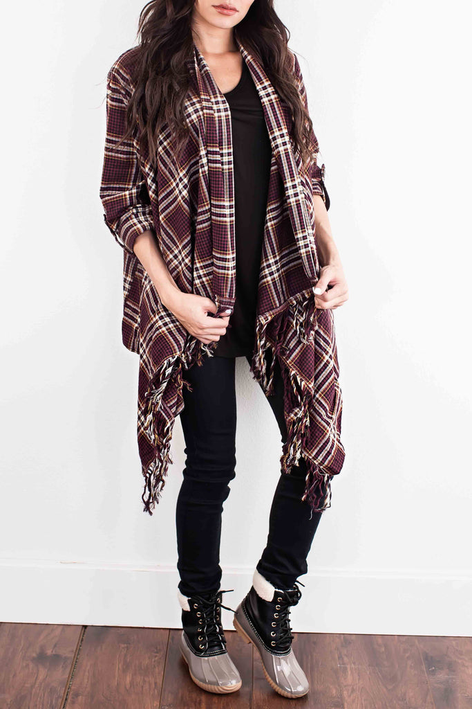 Plaid Cardigan-Burgundy