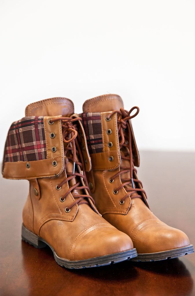 Plaid Fold Over Combat Boots