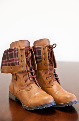 Plaid Fold Over Combat Boots
