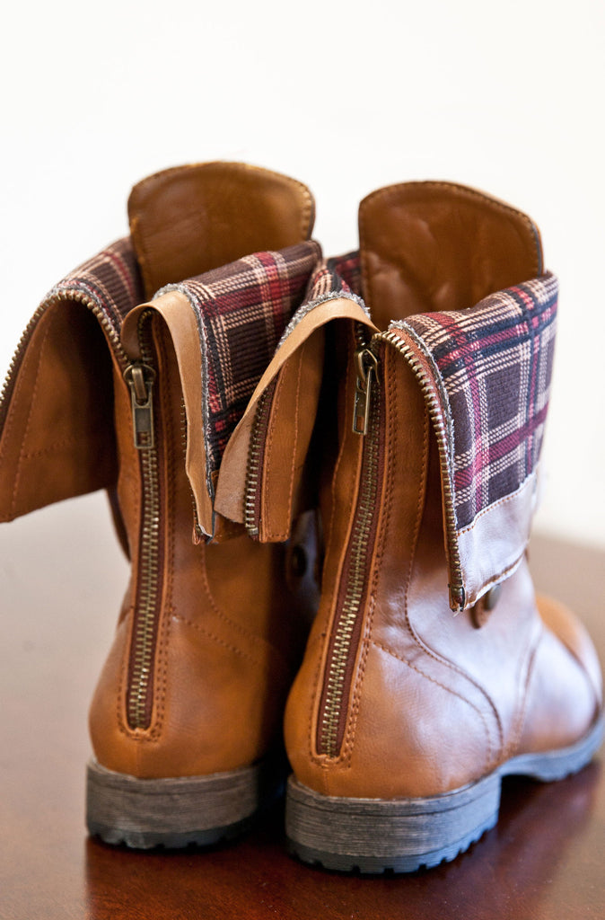 Plaid Fold Over Combat Boots