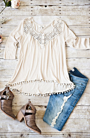 FOR A MOMENT TASSEL TRIM TOP-BEIGE