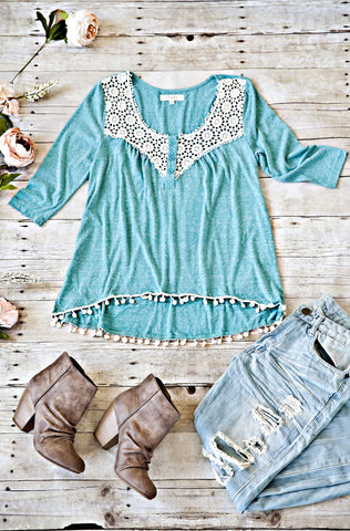 FOR A MOMENT TASSEL TRIM TOP-AQUA