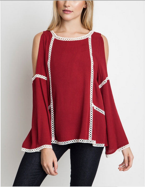 Touch Down Open Shoulder Top-Crimson