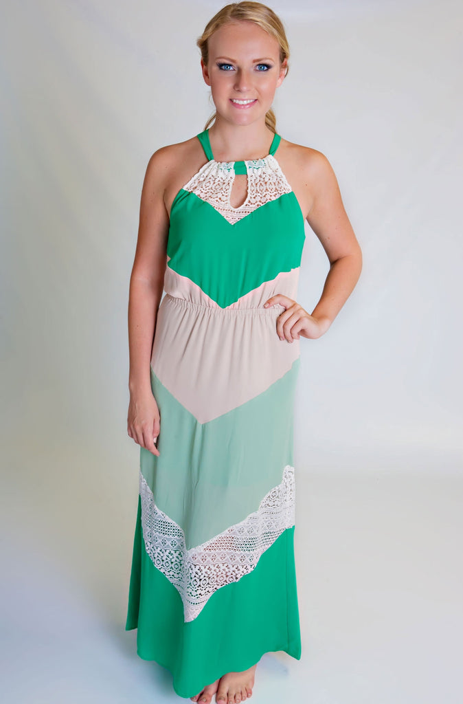 Ivory Green Chevron Lace Maxi Dress
