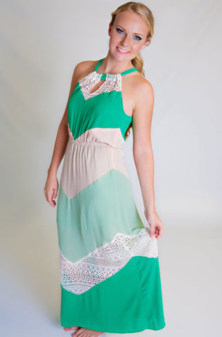 Ivory Green Chevron Lace Maxi Dress