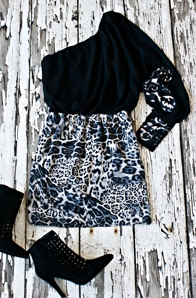 One Shoulder Leopard Print Dress-Grey