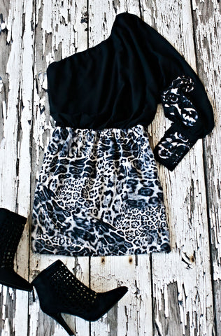 One Shoulder Leopard Print Dress-Grey