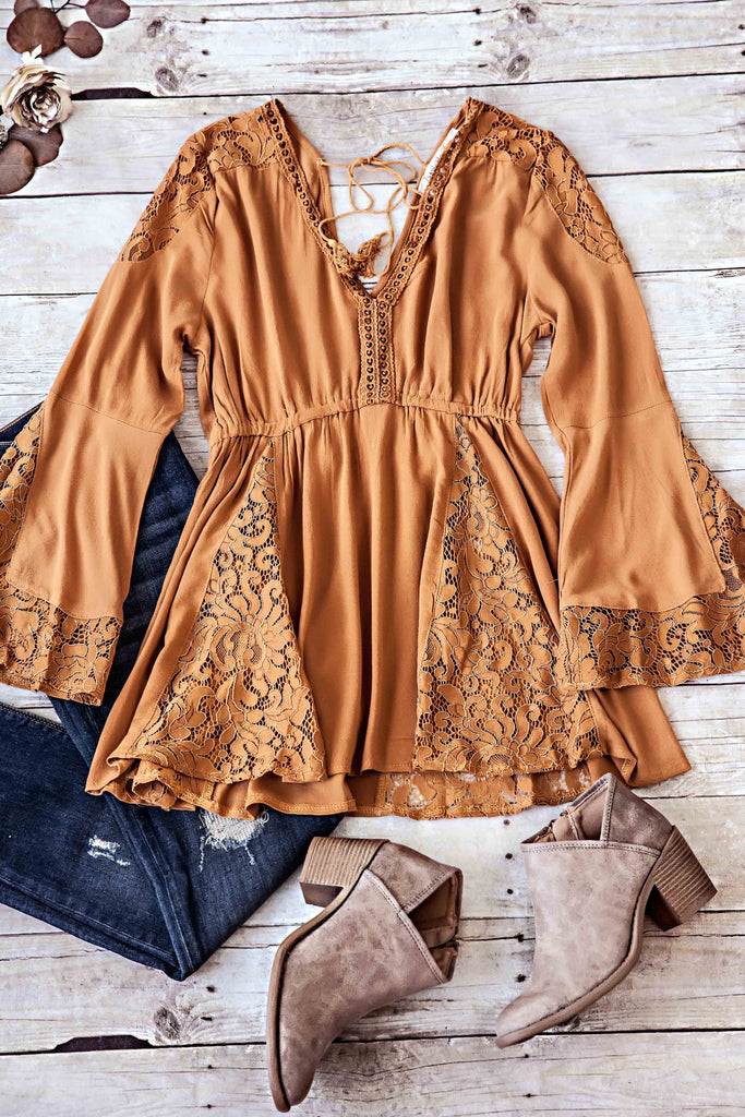 Here To Stay Lace Details Top-Mustard