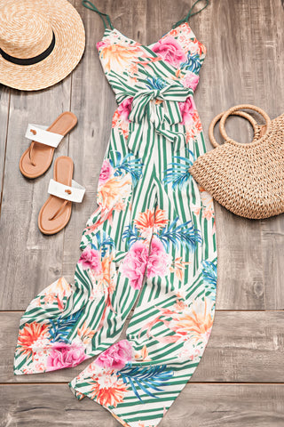 Floral Striped Tropical Print Jumpsuit