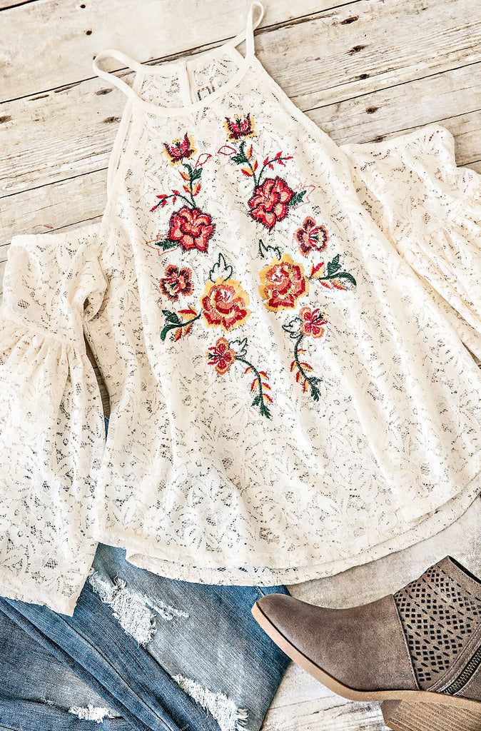 Cold Shoulder Lace Detail Top With Embroidery-Ivory