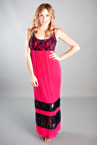 LACE ME UP & FLORAL ME DOWN MAXI DRESS-HOT PINK