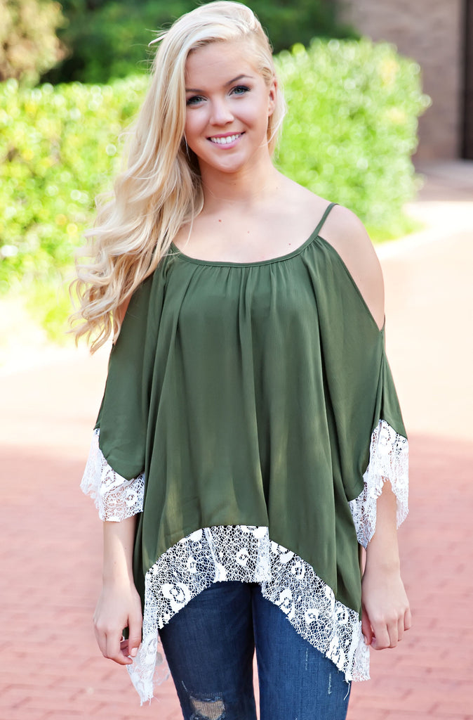 Lace Trim Open Shoulder Top-Olive