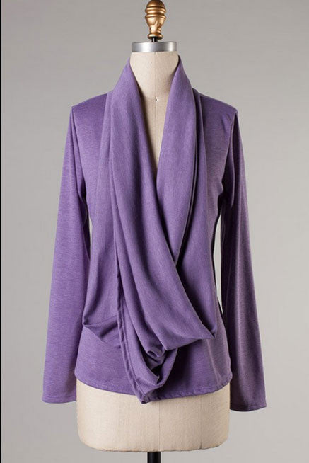 Long Sleeve Drapey Wrap Top-Lavender