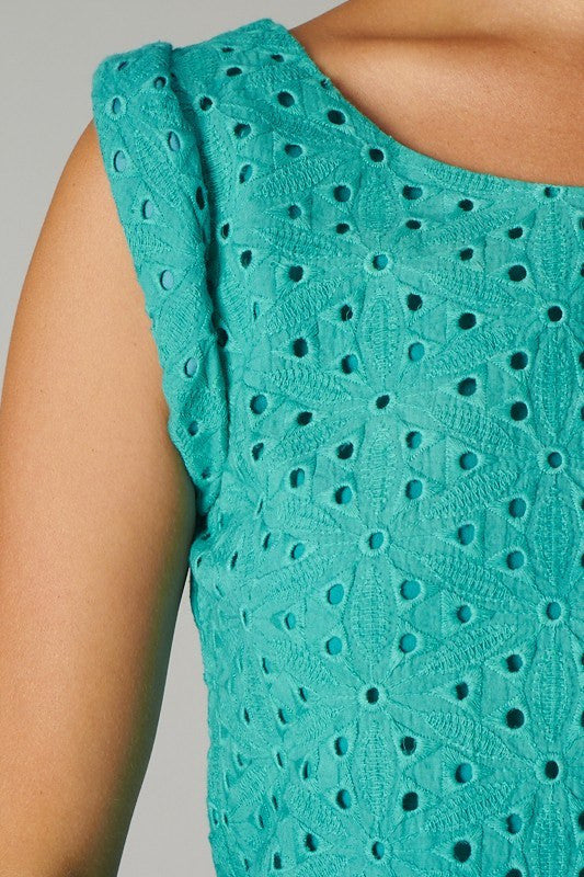 Eyelet Accent Shift Dress In Cream And Lime