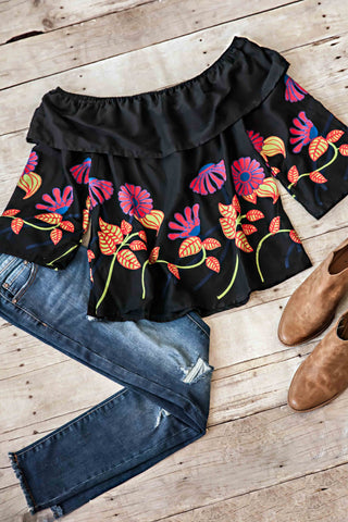 Lia Off The Shoulder Embroidered Top-Black