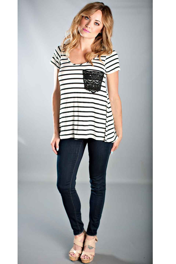 Crochet Lace Pocket Striped Top-Pink Mint