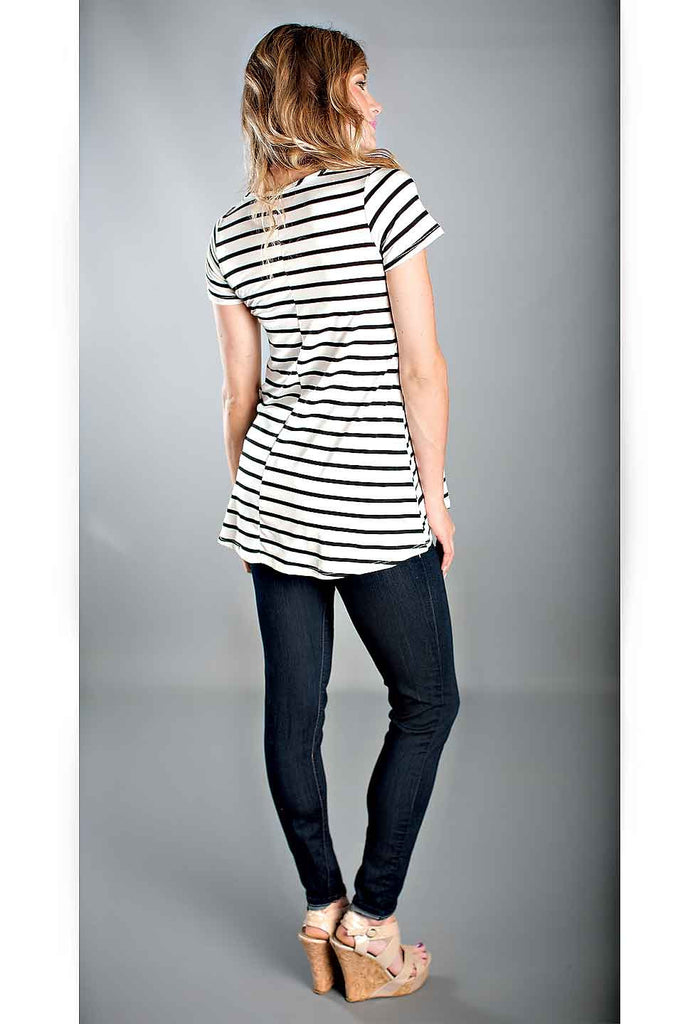 Crochet Lace Pocket Striped Top- Apricot