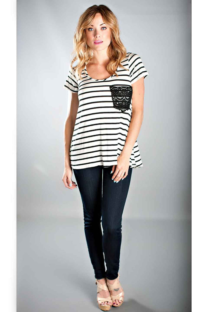 Crochet Lace Pocket Striped Top-Pink Mint