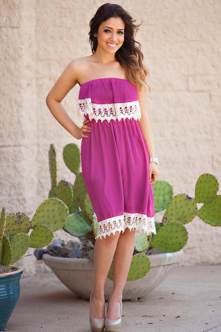 Coyote Lace Trim Dress-Berry