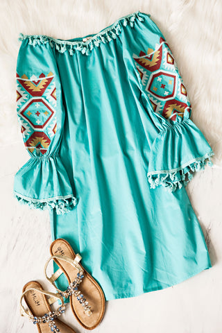 Kaylin Embroidered Off The Shoulder Dress-Aqua