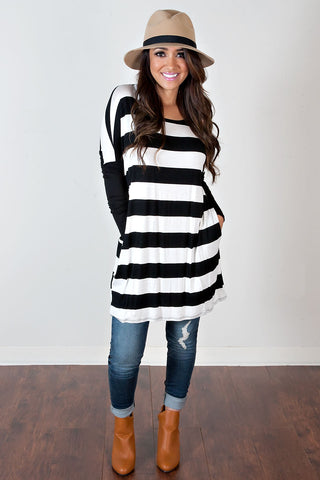 Lounging Around Striped Top-Black/White